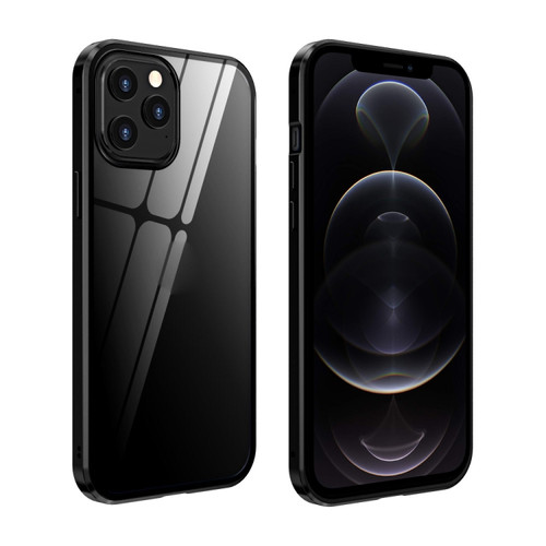Fusion360 iPhone 12 / 12 Pro Double Sides Tempered Glass Magnetic Adsorption Metal Frame Anti-peep Screen Case - Black